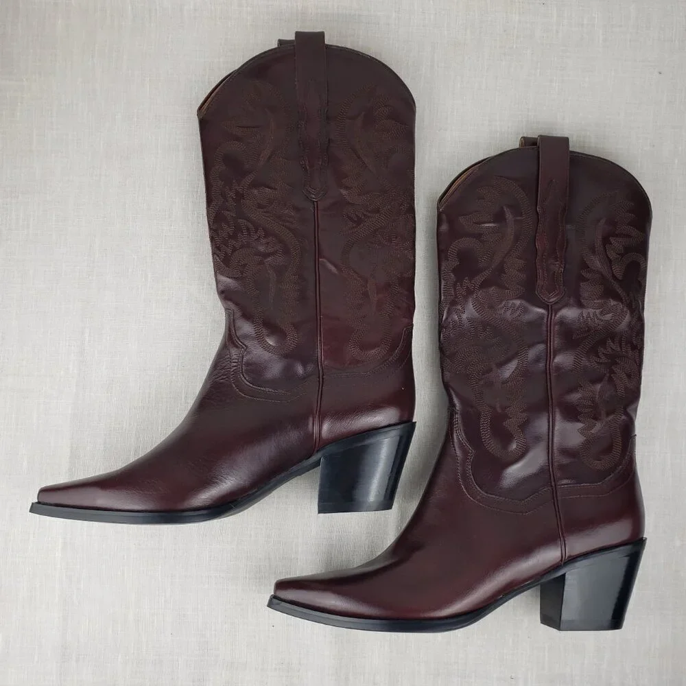 Jeffrey Campbell Dagget Burgundy Leather Cowboy Western Stitch Boots Size 11 - Picture 4 of 11